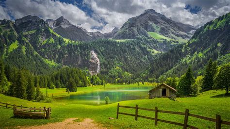 Alps Fence Forest Lake Switzerland Waterfall 4K HD Nature Wallpapers ...