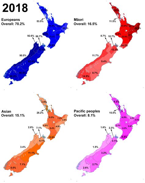 Ethnicity of New Zealand regions (European, Maori, Asian, Pacific peoples) in 2018