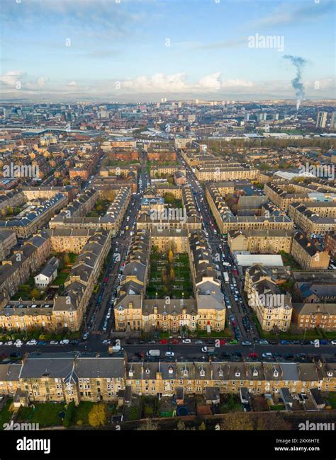 Aerial view from drone of Govanhill neighbourhood in Glasgow south side ...