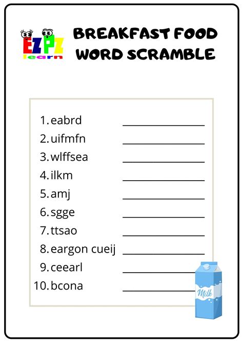 Breakfast Food Word Scramble 1 - Ezpzlearn.com