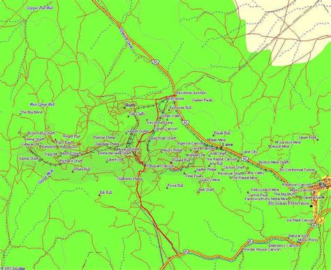 Map of Ruth, Nevada copper mines, shafts, dumps, and pits.