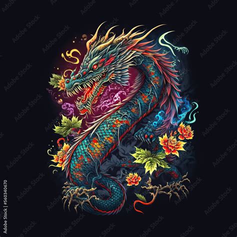 Asian dragon art illustration design. Neon floral dragon on black ...