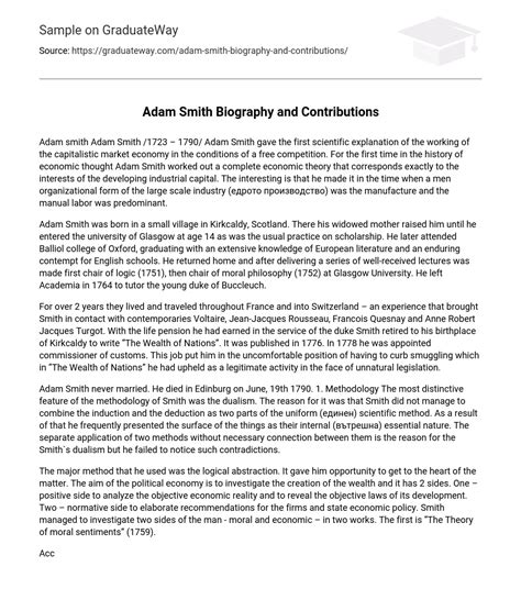 ⇉Adam Smith Biography and Contributions Essay Example | GraduateWay