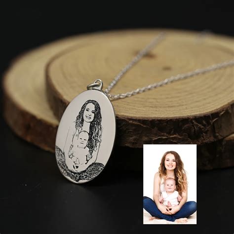 Personalized Photo Necklace Engraved Picture 925 Solid Silver Oval Necklace Custom Photo Memory ...