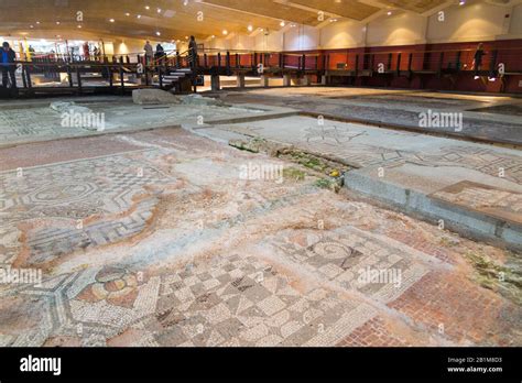 Greek Key and Medusa Mosaics / mosaic room at Fishbourne Roman Palace. Fishbourne, Chichester in ...