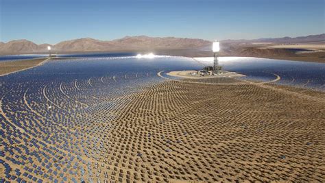 Aerial Shot Of Solar Power Plant - Solar Panels, Nevada Desert, 2016. Concentrated Solar Power ...