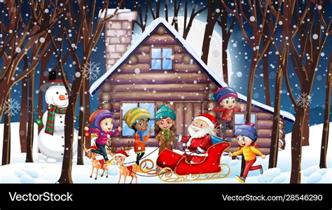 Christmas scene with santa and many kids Vector Image