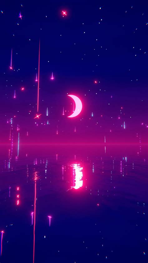 Moon on the water, glitter, stars, neon, sunset, HD phone wallpaper ...