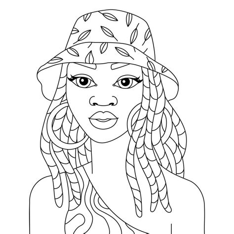 African black woman braids hairstyle with summer cap afro girl vector coloring illustration ...