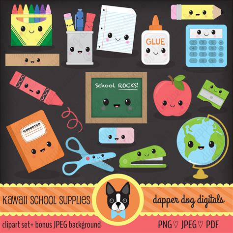 Kawaii School Supplies Clipart Pack Commercial Use Vector - Etsy