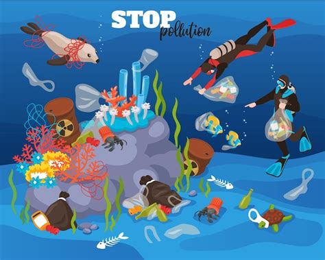 Free Vector | Stop water pollution underwater illustration with divers cleaning small trash from ...