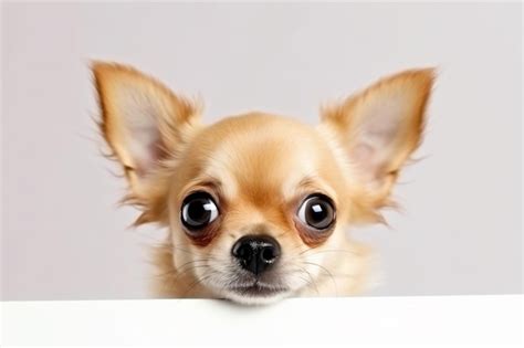 A small dog with big eyes looking over a white board | Premium AI ...