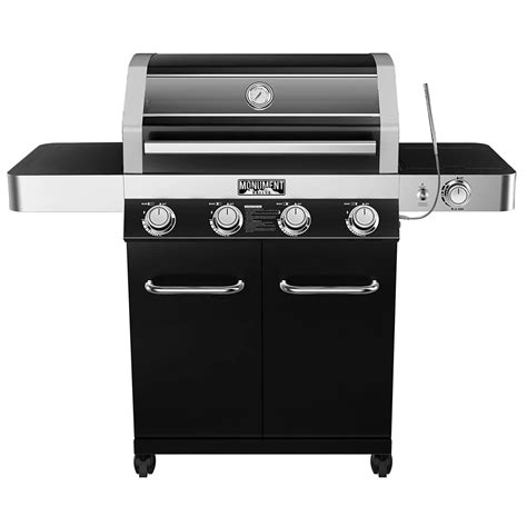 Monument Grills 4-Burner Propane BBQ in Black with ClearView Lid, LED Controls, Side-Burne ...