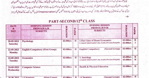 12th class date sheet 2023 Bahawalpur board | 12th Class Date Sheet ...