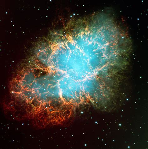 The Crab Nebula a remnant of a supernova that happened in 5500 BC, but the light didn't reach ...