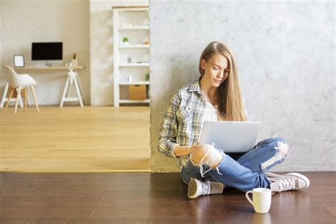 Girl with Laptop Near Coffee Stock Photo - Image of caucasian, mobile ...