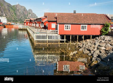 traditional rorbuer fishermens cabins in Svolvaer harbour in the ...