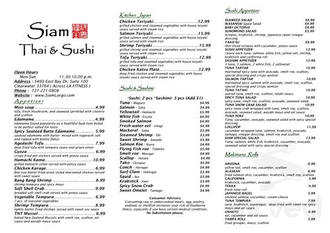 Siam Thai & Sushi menu in Clearwater, Florida, USA