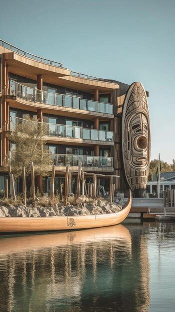 Premium AI Image | A wooden canoe sits in the water in front of a ...