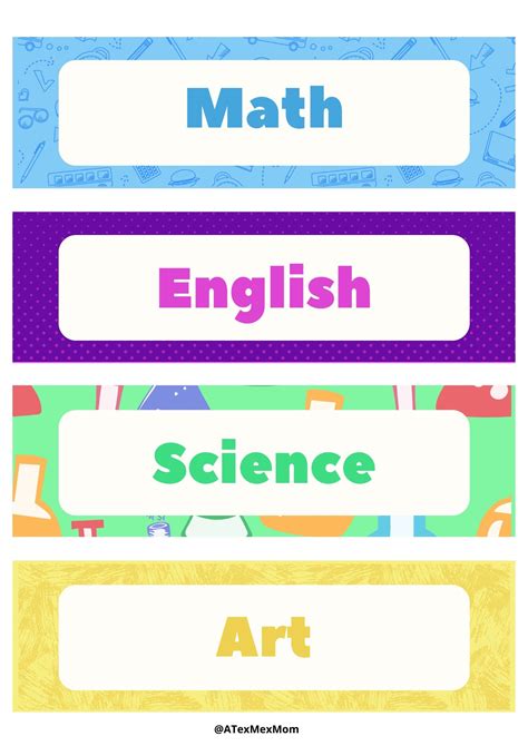 Labels for School Subjects | School name labels, School labels printables, School stickers labels