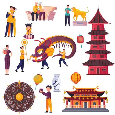 Free Vector | Flat icons set with chinese new year symbols buildings ...