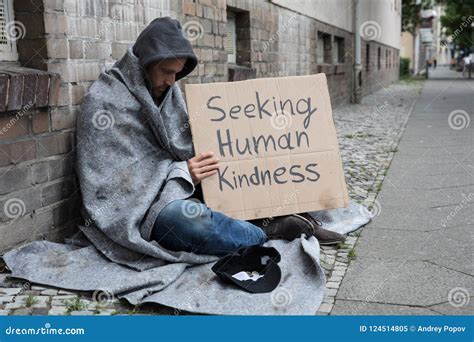 Beggar Showing Seeking Human Kindness Sign on Cardboard Stock Image - Image of despair, adult ...