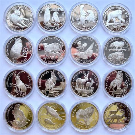 Cook Islands. 50 Dollars 1990-1992 Endangered Wildlife collection (16 different coins) Proof ...