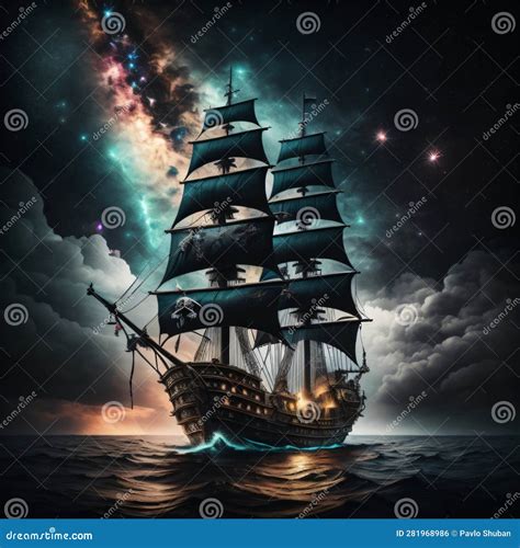 Pirate Ship Sailing on the Sea, Night Bright Sky. Wallpaper Stock Photo - Image of space ...