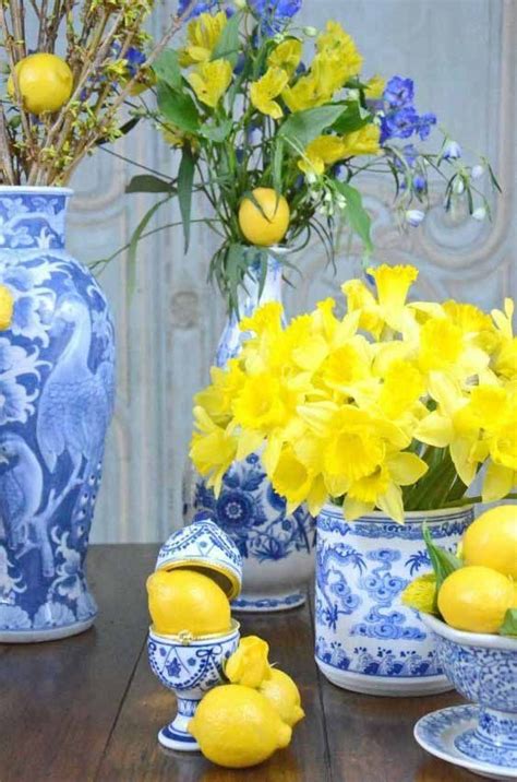 Blue And White Vase, White Vases, Blue Yellow, Lemon Party, White Christmas Decor, Lemon Decor ...