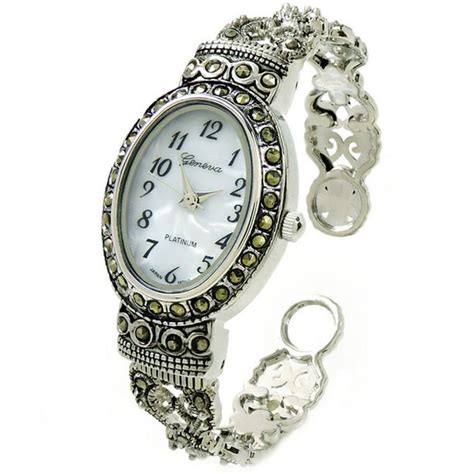 STC - Silver Black Vintage Style Marcasite Crystal Oval Face Women's Bangle Cuff Watch - Walmart ...