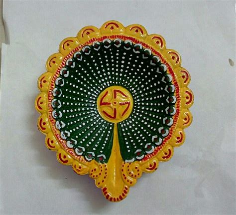 Diwali Diya # Green/ yellow hand painted diya | Pottery painting designs, Diy diwali decorations ...