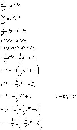 Differential Equations Solved Examples: Solve the separable Differential Equation dy/dx = e^(3x+4y)