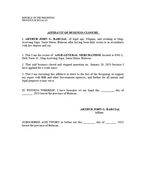 Affidavit of Business Closure - Arthur John Barcial | PDF