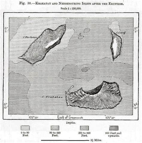 Before and after maps of the Krakatoa eruption in 1883, which were among the most violent ...