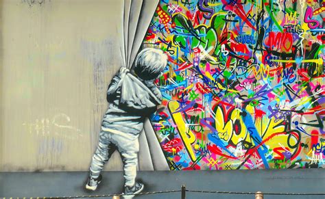 Street Art of Boy pulling back curtains to reveal Graffiti Digital Art ...