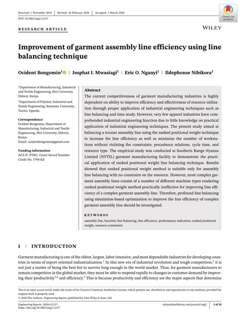 (PDF) Improvement of garment assembly line efficiency using line ...