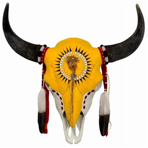 Hand Painted Buffalo Skull w. Feather Design Native American Made | Deer skull art, Cow skull ...