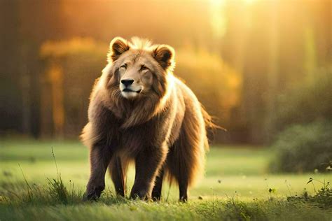 a lion walking in the grass at sunset. AI-Generated 31519917 Stock Photo at Vecteezy