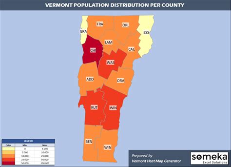 Vermont County Map and Population List in Excel