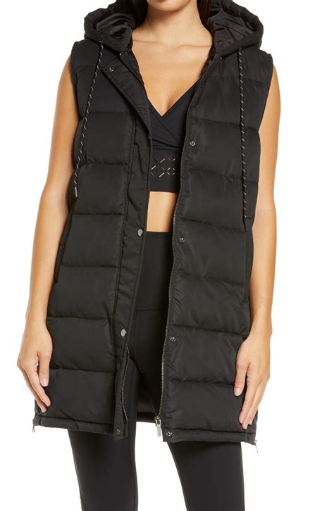 Zella Long Hooded Puffer Vest in Black | Lyst