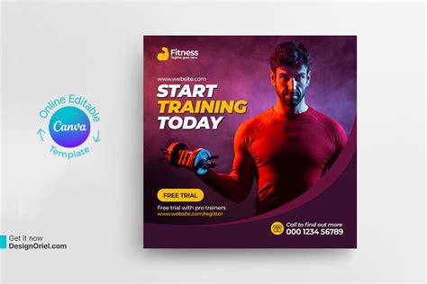 Fitness Gym Social Media Post Design Canva Template