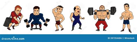 Group of Cartoon Characters Exercising in a Gym Setting. Stock ...