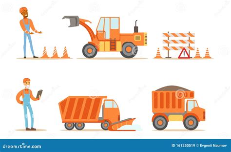 Road Construction Workers in Uniform and Industrial Machines Set Vector Illustration Stock ...