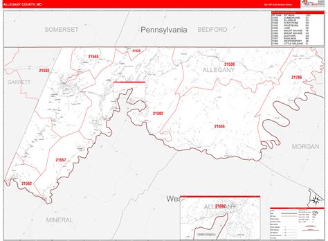 Allegany County, MD Zip Code Wall Map Red Line Style by MarketMAPS - MapSales.com