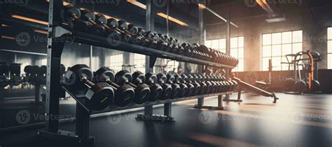 Gym interior background of dumbbells on rack in fitness and workout ...