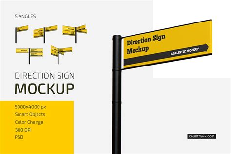 Direction Sign Mockup Set in Outdoor Advertising Mockups on Yellow ...