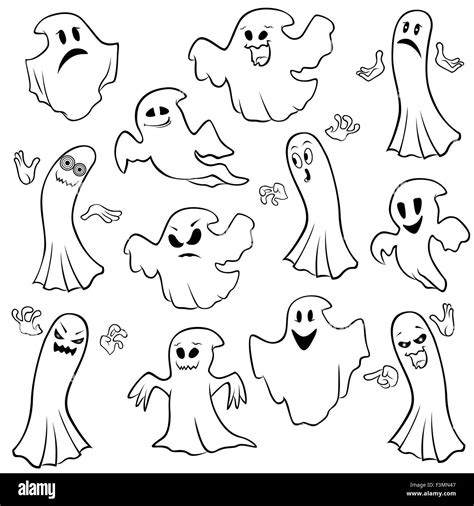 Set of twelve ghost outline with various characters isolated on a white background, cartoon ...