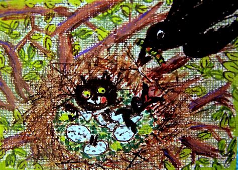 ACEO 'Hatchling' Birds & Cats birds in a next Cat-Bird Series Cat-Toon Mr. Cat has "a seat in ...