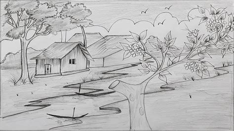 How to draw a village scenery with pencil step by step - YouTube