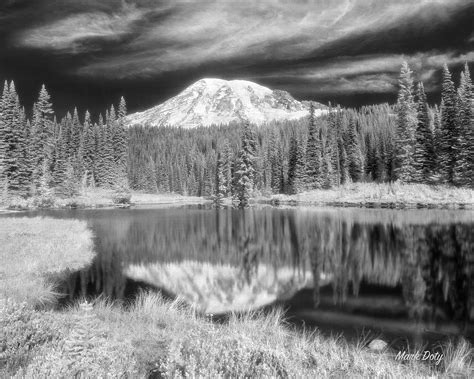 Mt. Rainier, Reflection Lake Black and White IR Photograph by Mark Doty - Pixels